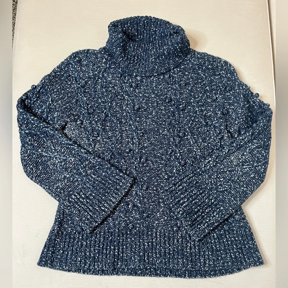 kate spade Sweater - Women's Medium Navy Blue White - Cable Knit Turtleneck